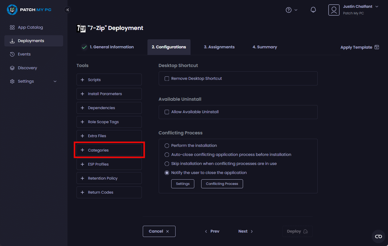 Clicking the "Categories" tool