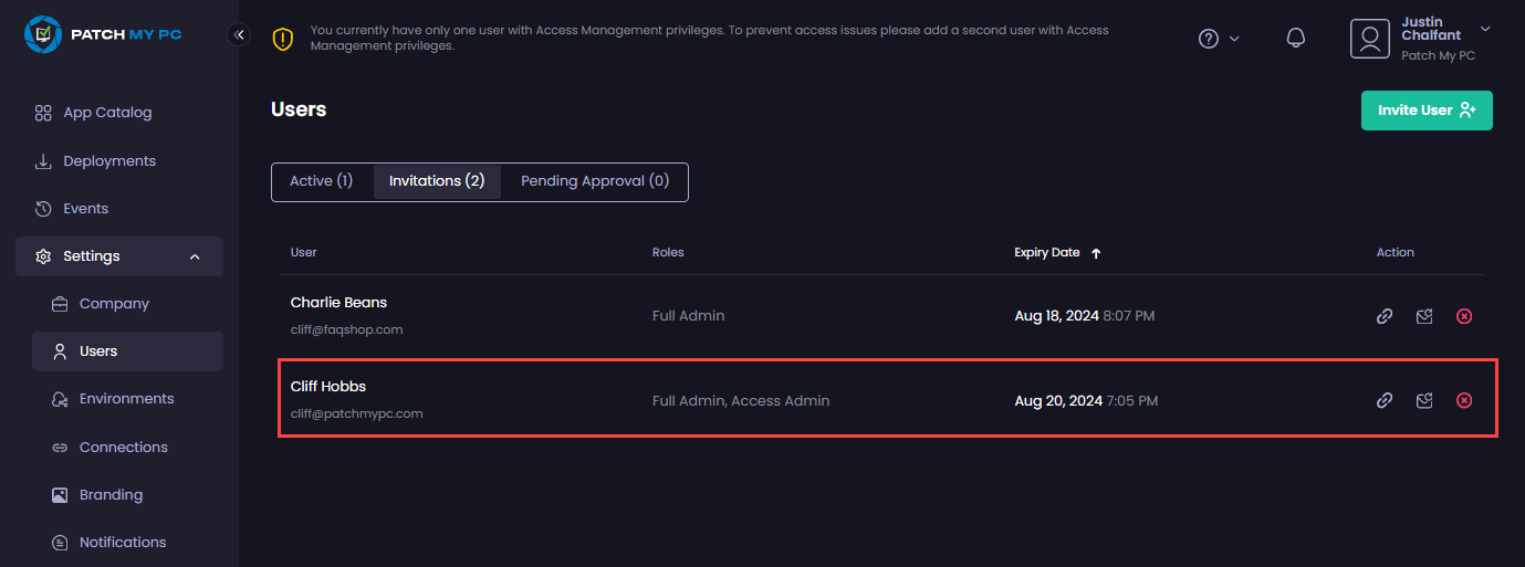 "Invitations" tab showing valid, outstanding user invitations