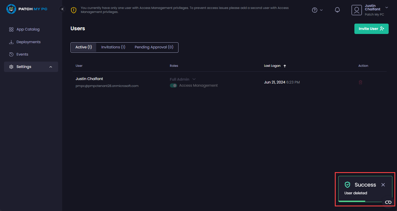 Confirmation of the user being deleted