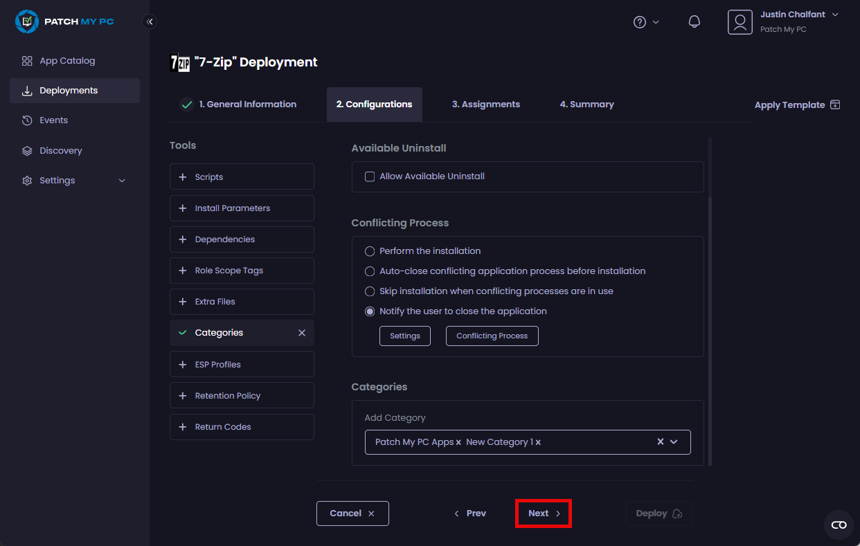 Clicking "Next" to move to the "Assignments" page