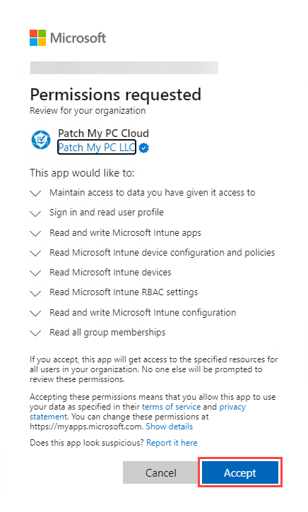 "Permissions requested" screen