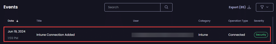 "Intune Connection Added" event, confirming the Intune connection was restored