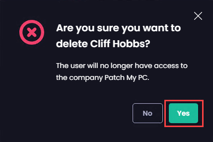 Clicking "Yes" to confirm the deletion of the user