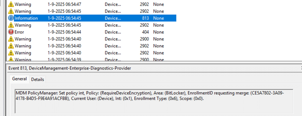 event 813 requesting merge of the BitLocker Policy enrollment type (0x6)