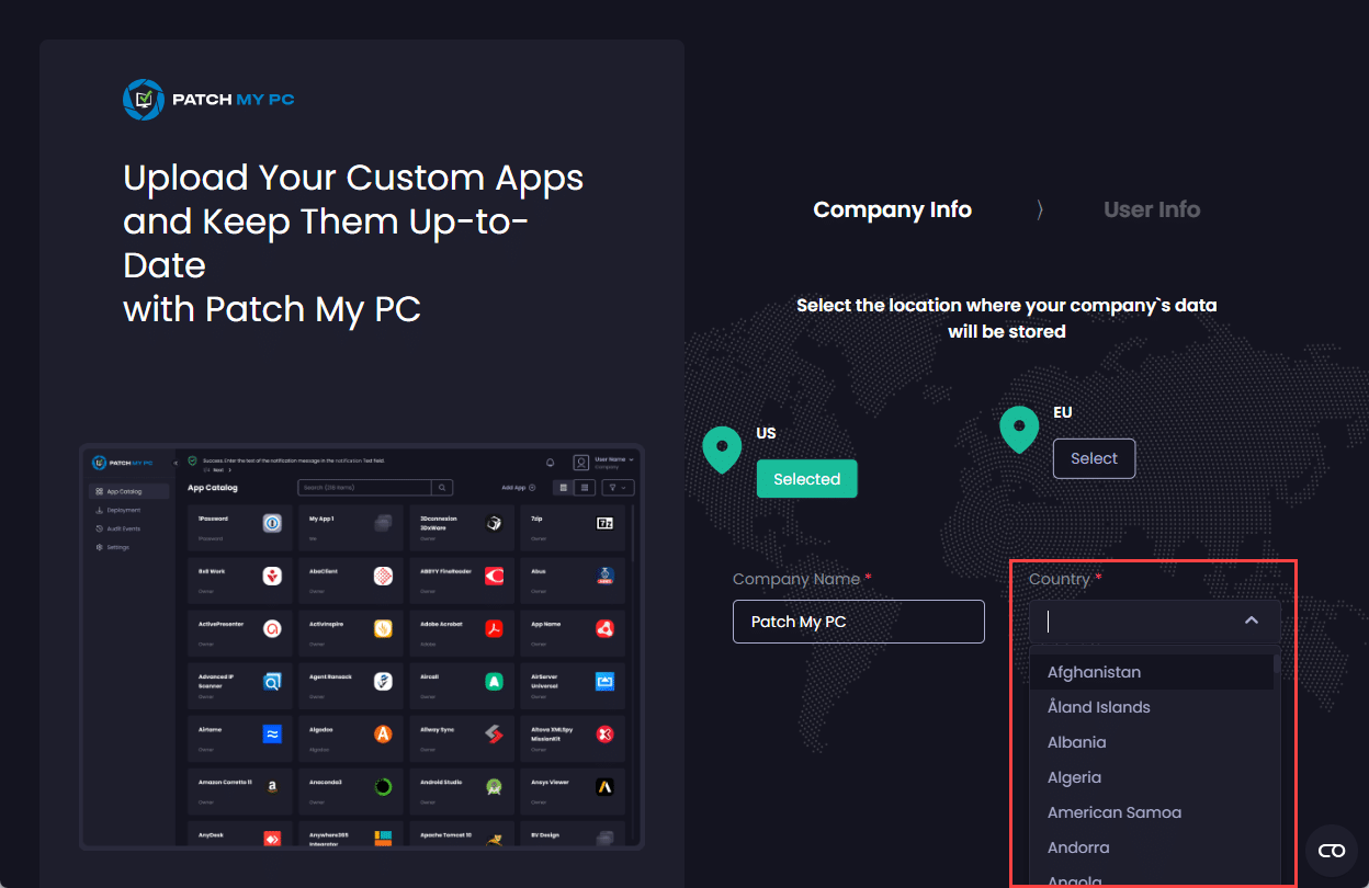 Select your company's country from the dropdown