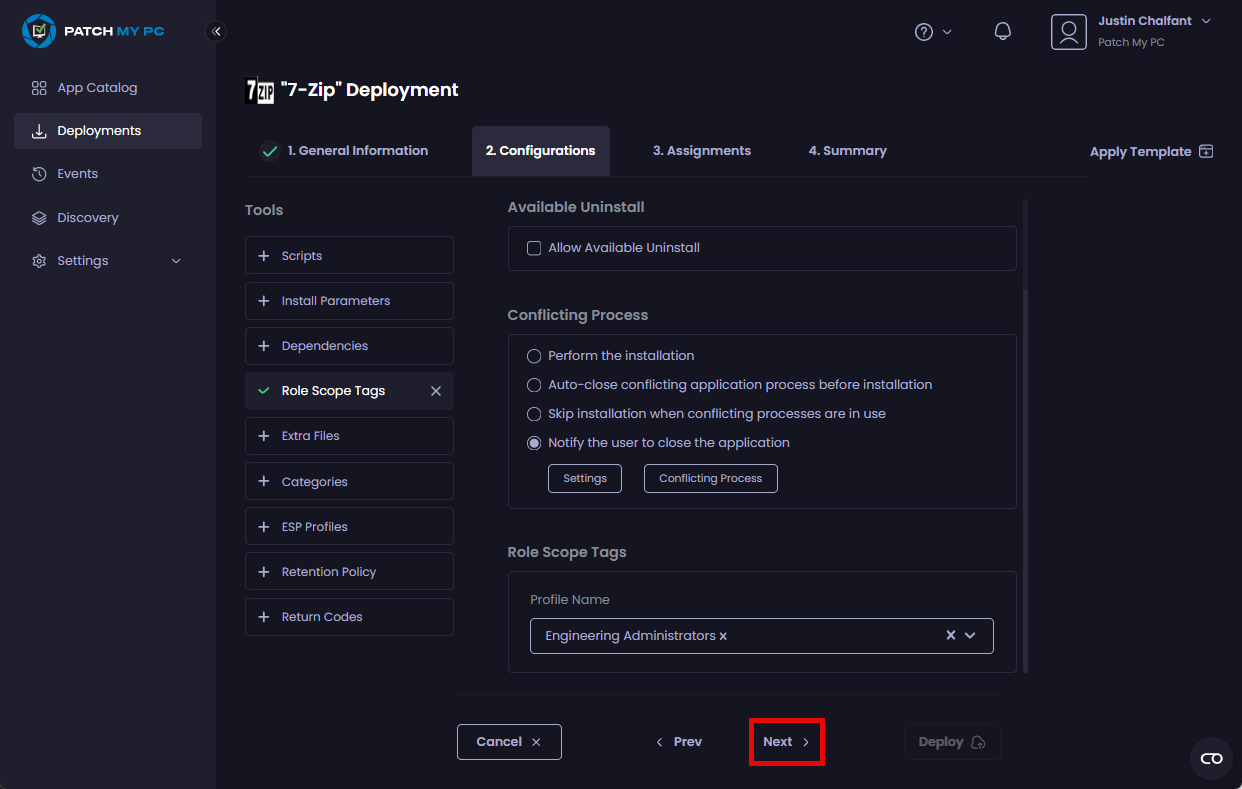 Clicking "Next" to move to the "Assignments" page