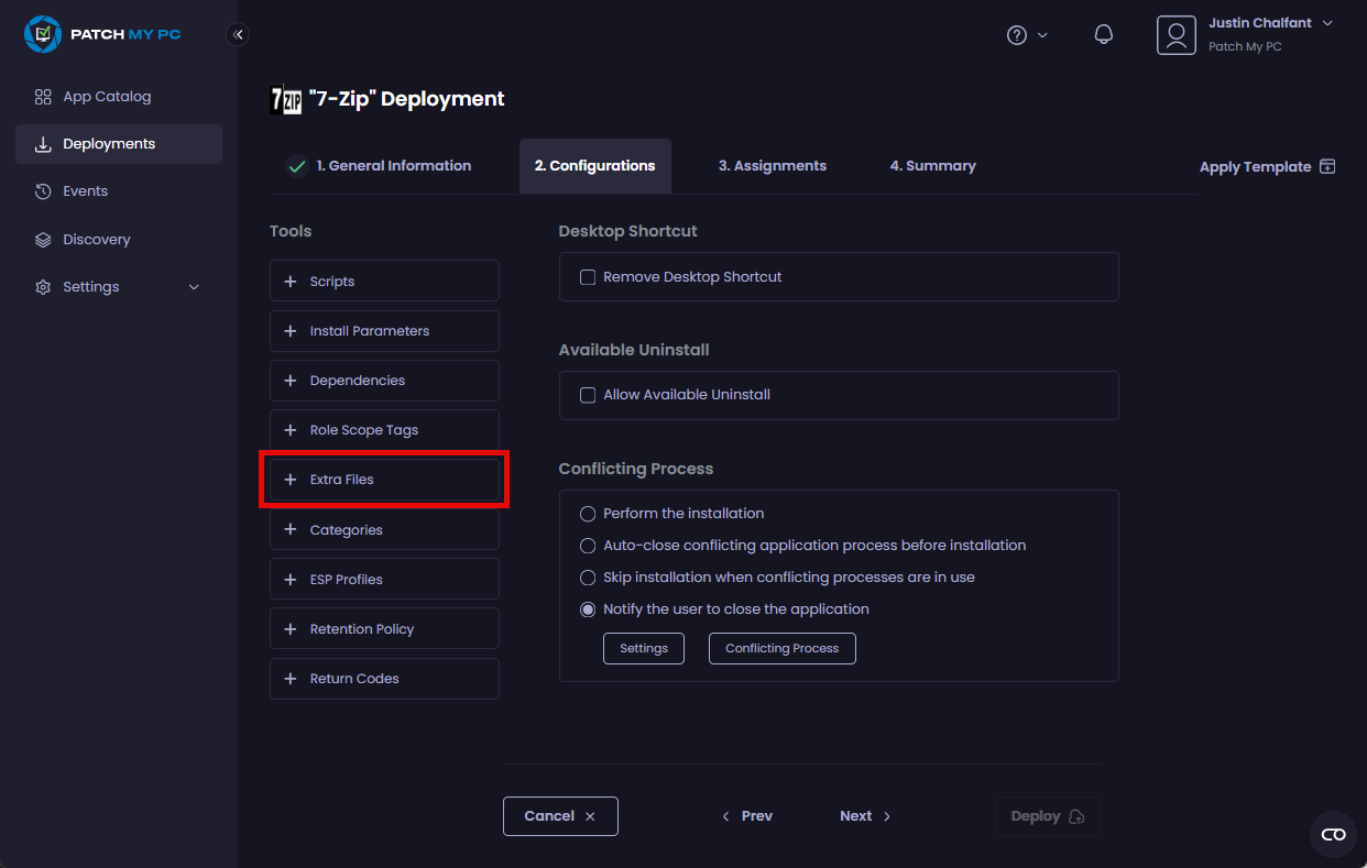 Clicking the "Extra Files" tool