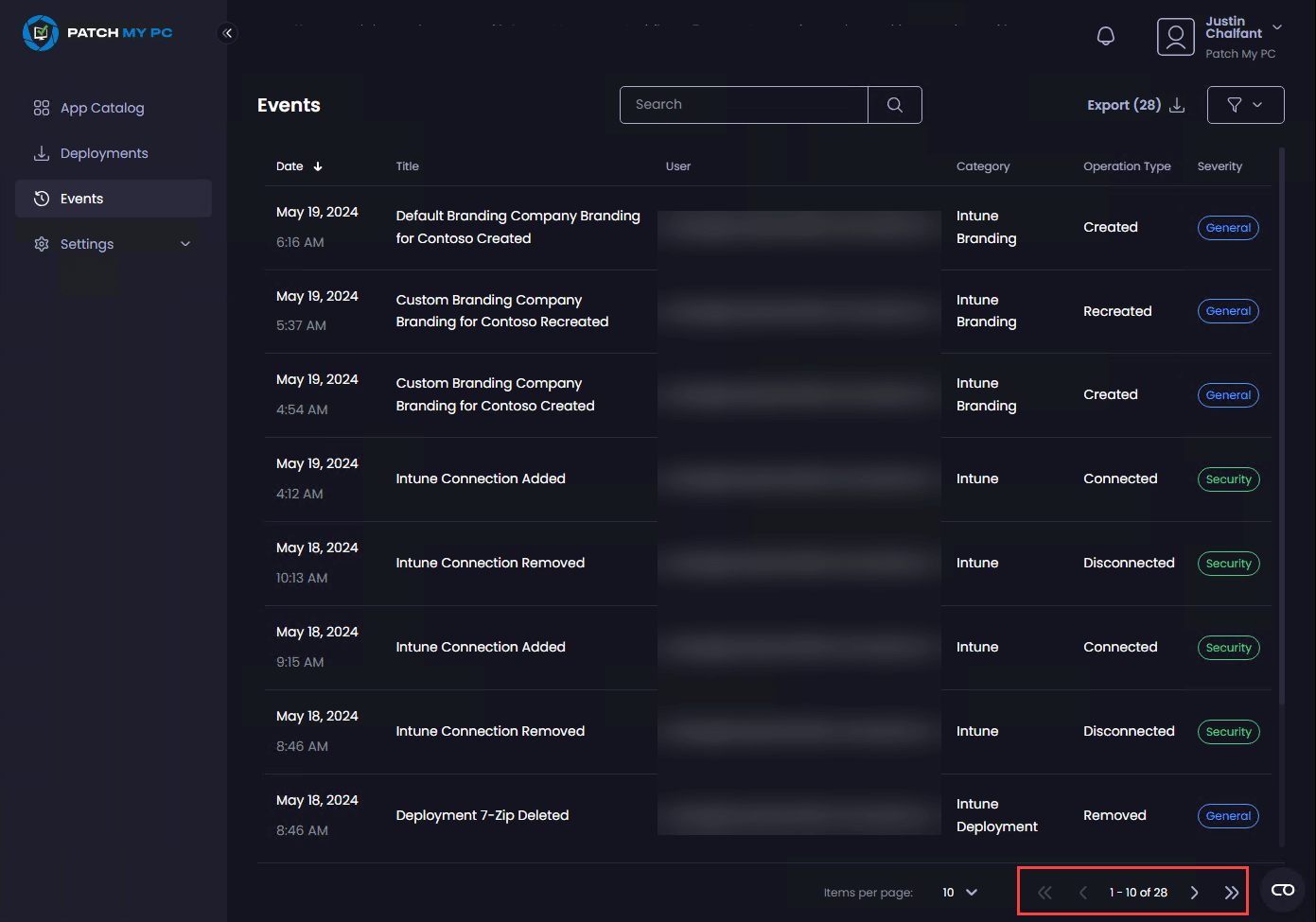 Controls in the footer of the "Events" page
