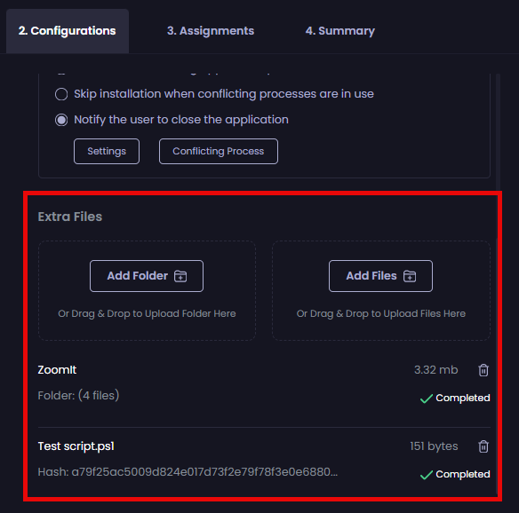 Additional folders/files to be uploaded appearing at the bottom of the "Extra Files" section