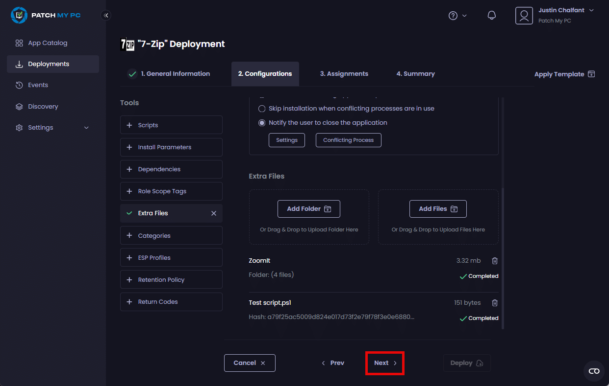 Clicking "Next" to move to the "Assignments" page