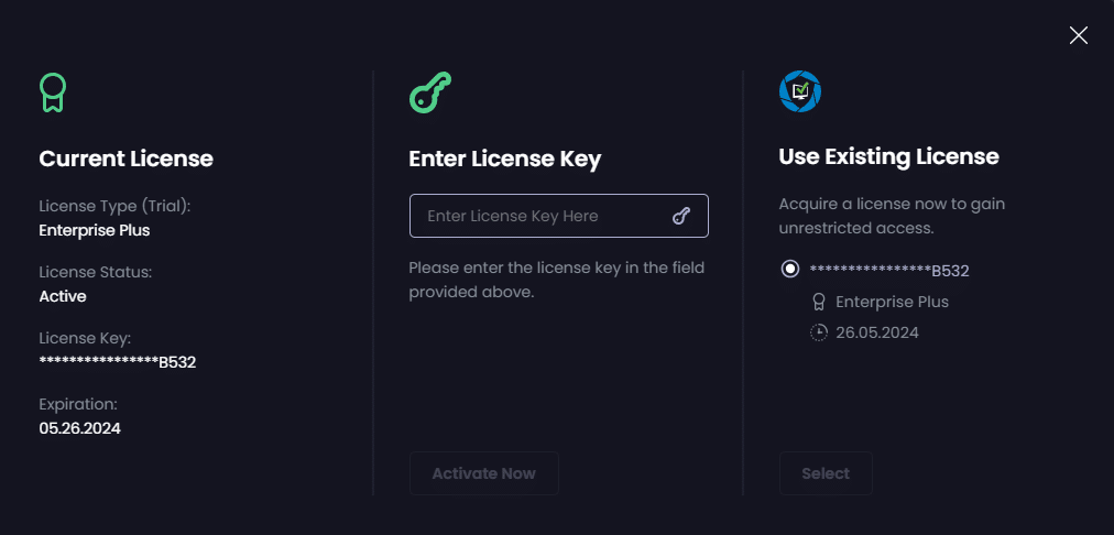 "License screen" showing details of your current license