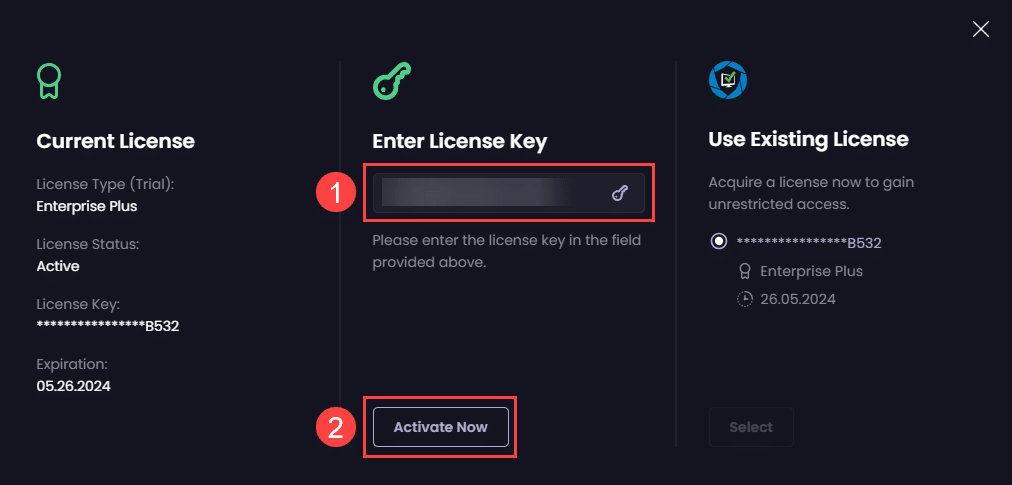 Entering a new license key