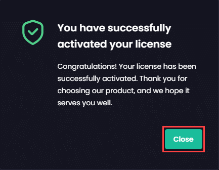 "You have successfully activated your license" dialog box