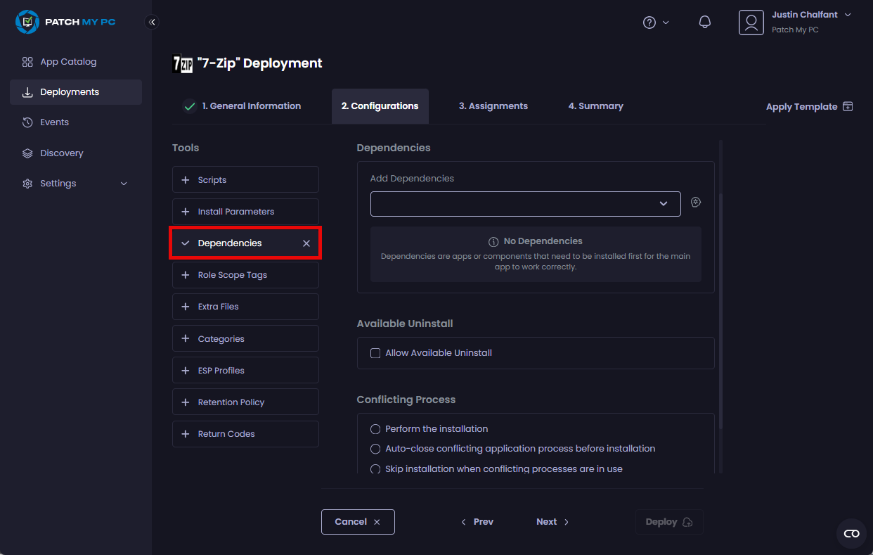 Clicking the "Dependencies" tool