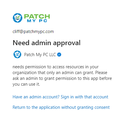 "Need admin approval" dialog box