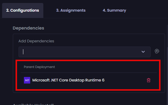 Selected app appearing under the "Parent Deployment" section
