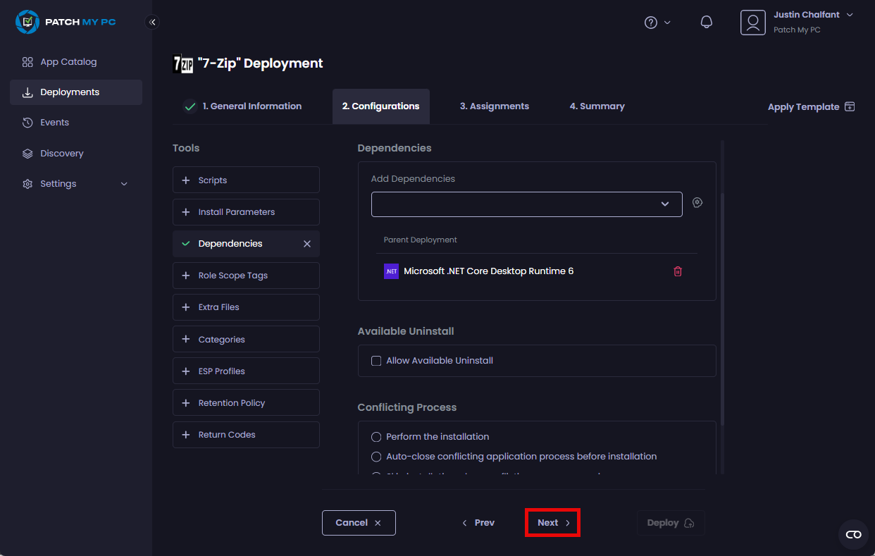 Clicking "Next" to move to the "Assignments" page