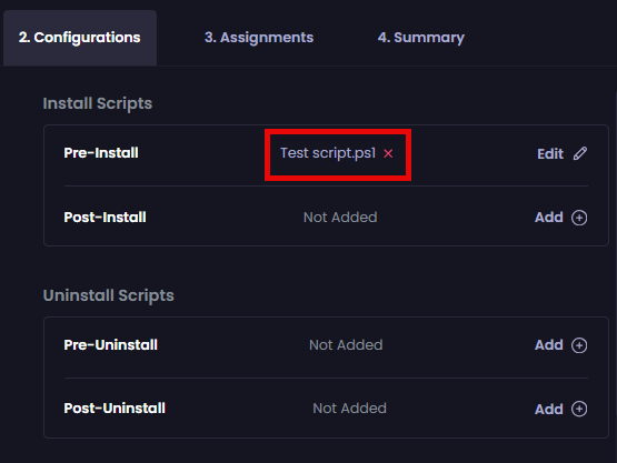 "Configurations" tab re-displayed with the name of the configured script beside it
