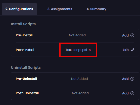 "Configurations" tab re-displayed with the name of the configured script beside it
