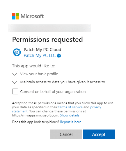 "Permissions requested" dialog box
