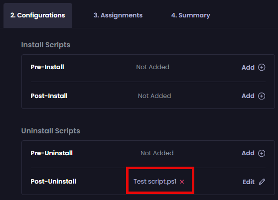 "Configurations" tab re-displayed with the name of the configured script beside it