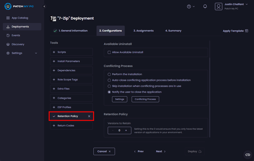 Clicking the "Retention Policy" tool