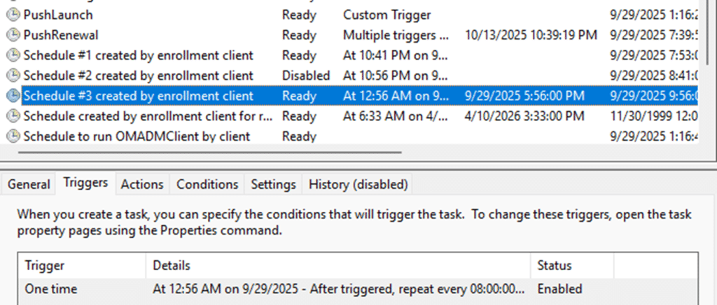 schedule created by enrollment client to force intune sync and the eight-hour maintenance Intune sync