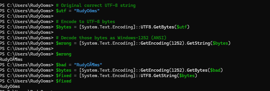 windows1252 code showing the good and broken name