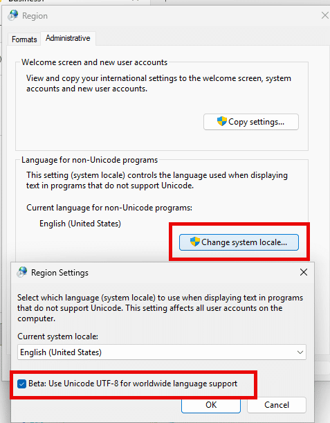 Sorry, There was a problem signing you in. Please Try again in a few minutes. OneDrive Error fixed by setting the use unicode utf-8 for worldwide language support