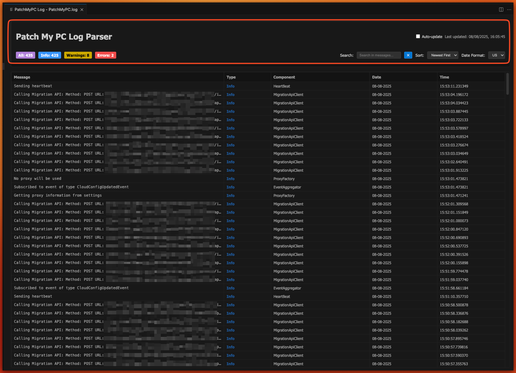 Filter and search options