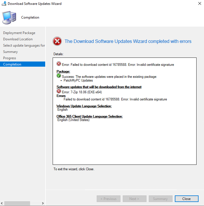 third-party update download fails in the sccm console error Invalid certificate signature 0x800b0004