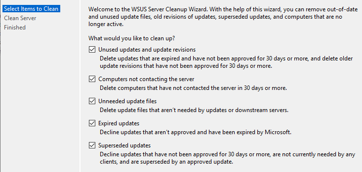 WSUS Server Cleanup Options
