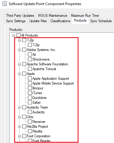 WSUS too many locally published categories third party updates