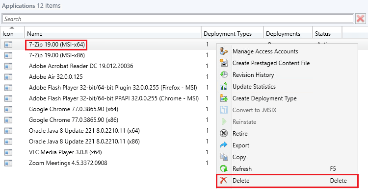 delete single application in SCCM