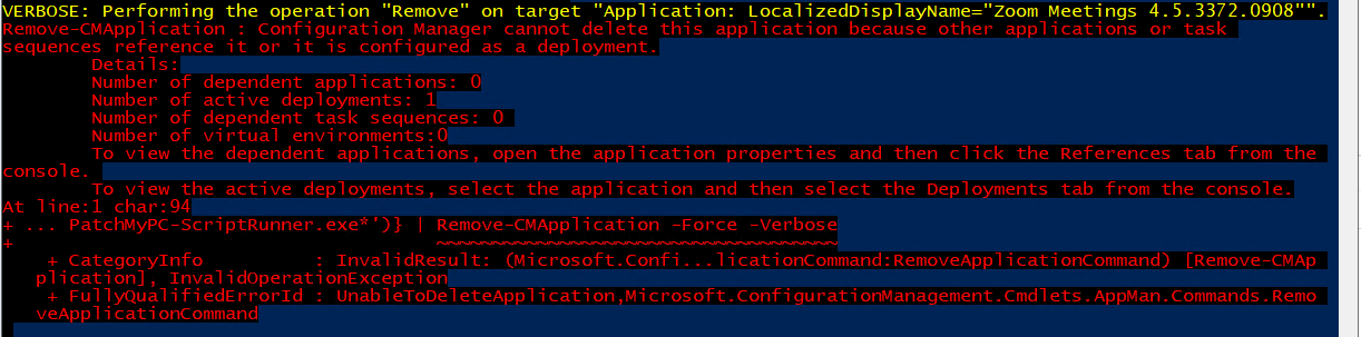 delete application with powershell error