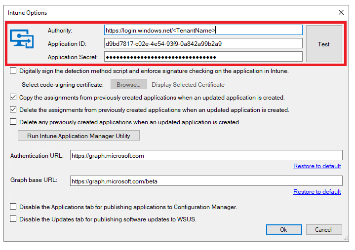 inputting authoridy, application id, and secret into intune options in publisher