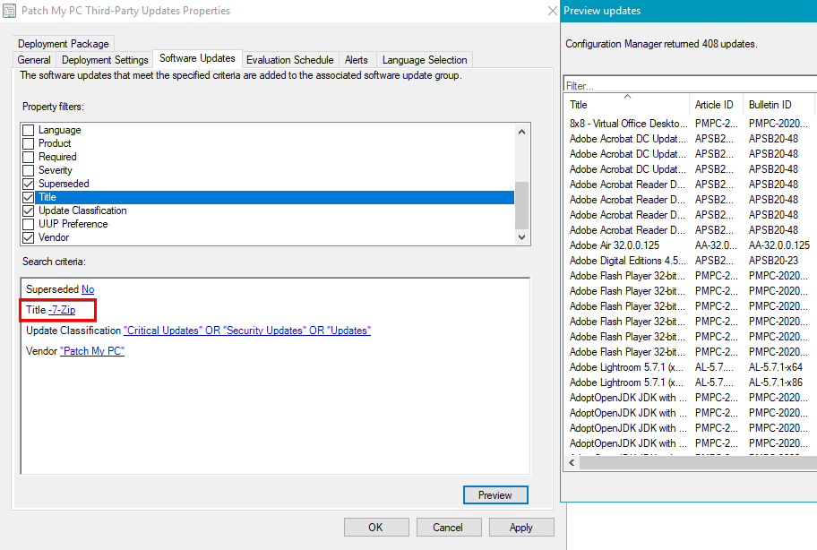 ADR Exclude Title Filter SCCM