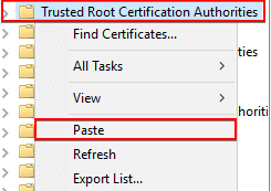 Paste WSUS Certificate in Trusted Root