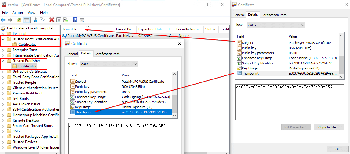 Check Trusted Root and Trusted Publishers store certlm