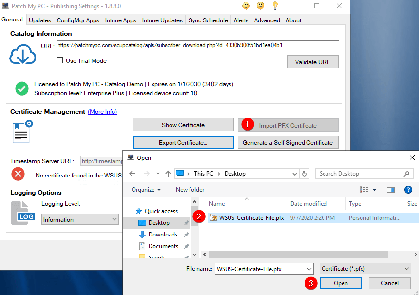 Import PFX into WSUS using Publisher