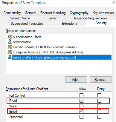 WSUS Template Security Tab AD CS