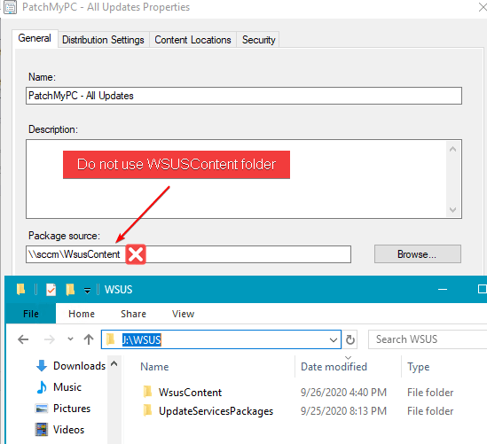 WSUSContent folder as the Package source folder in deployment package
