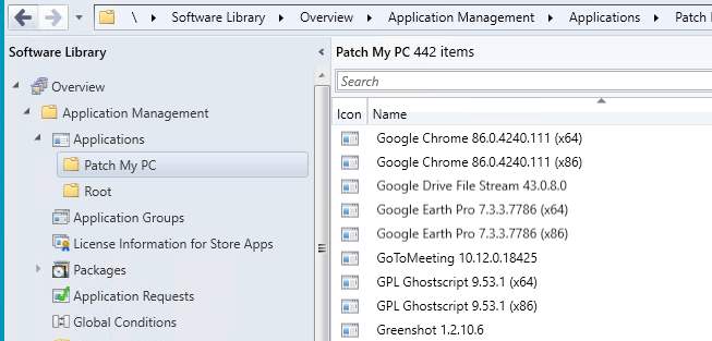 List of Package Apps in ConfigMgr Console Applications Node