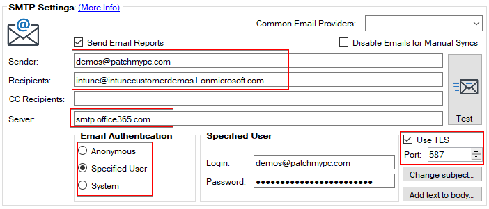 SMTP Options in Patch My PC's Publisher