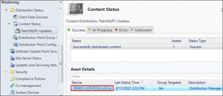 Content Success in Asset Details Pane in Content Status Node