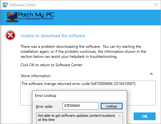 The software change returned error code 0x87D00669(-2016410007).