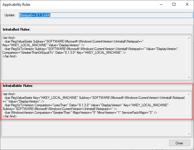 Show IsInstallable WSUS Applicability Rules Third-Party Update