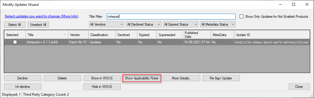 Show WSUS Applicability Rules Third-Party Update