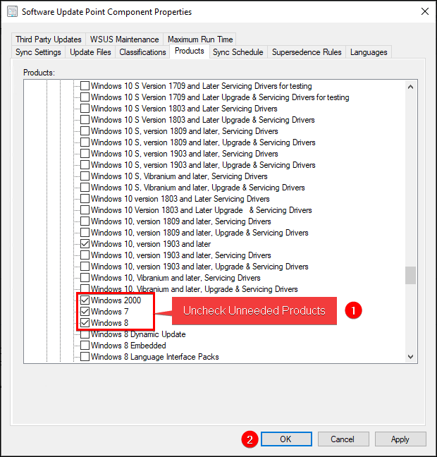 Uncheck Unneeded Products ConfigMgr SUP