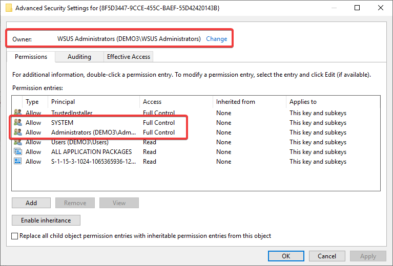 Registry Key Permissions required to adjust DCOM permissions on WSusCertServer